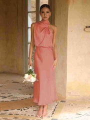 Inrosy longue robe demoiselle d'honneur en satin irrégulière col roulé licou sans manches femme élégant de soirée pour mariage
