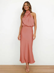 Inrosy longue robe demoiselle d'honneur en satin irrégulière col roulé licou sans manches femme élégant de soirée pour mariage