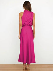 Inrosy longue robe demoiselle d'honneur en satin irrégulière col roulé licou sans manches femme élégant de soirée pour mariage