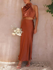 Inrosy robe tenue invité mariage femme licou sans manches femme élégant de soirée deux pièces robe demoiselle d'honneur