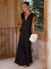 Inrosy robe en satin robe demoiselle d'honneur moulante sirene v-cou mancherons femme élégant de soirée pour mariage