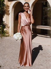 Inrosy robe en satin robe demoiselle d'honneur moulante sirene v-cou mancherons femme élégant de soirée pour mariage
