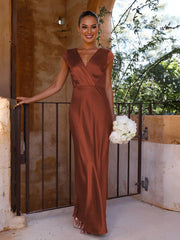Inrosy robe en satin robe demoiselle d'honneur moulante sirene v-cou mancherons femme élégant de soirée pour mariage