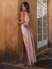 Inrosy robe demoiselle d'honneur en satin moulante fendu le côté une épaule sans manches femme élégant de soirée pour mariage