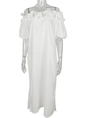 Inrosy robe longue col bateau fendu le côté manches bouffantes manches courtes femme décontracté ample de plage