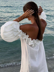 Inrosy robe longue col bateau fendu le côté manches bouffantes manches courtes femme décontracté ample de plage
