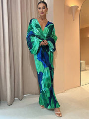 Inrosy robe longue tropicale fendu plissé v-cou manches chauve souris manches longues femme ample décontracté vintage