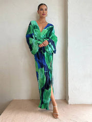 Inrosy robe longue tropicale fendu plissé v-cou manches chauve souris manches longues femme ample décontracté vintage