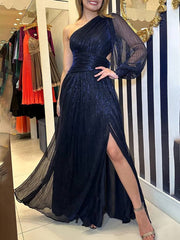 Inrosy robe longue une épaule tulle fendu le côté manches bishop manches longues femme élégant bal de promo cérémonie