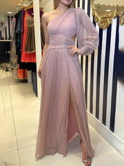 Inrosy robe longue une épaule tulle fendu le côté manches bishop manches longues femme élégant bal de promo cérémonie