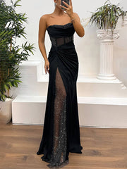 Inrosy robe longue moulante bustier sans manches nœud fendu le côté tulle femme élégant de soirée pour mariage