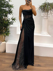 Inrosy robe longue moulante bustier sans manches nœud fendu le côté tulle femme élégant de soirée pour mariage