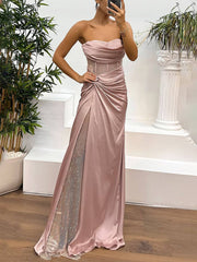 Inrosy robe longue moulante bustier sans manches nœud fendu le côté tulle femme élégant de soirée pour mariage