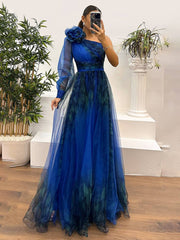 Inrosy robe longue imprimé à fleurie tulle fendu le côté une épaule manches longues femme élégant de soirée bal de promo