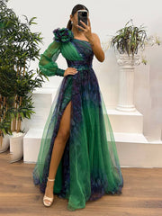 Inrosy robe longue imprimé à fleurie tulle fendu le côté une épaule manches longues femme élégant de soirée bal de promo