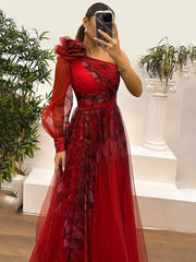 Inrosy robe longue imprimé à fleurie tulle fendu le côté une épaule manches longues femme élégant de soirée bal de promo