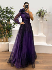Inrosy robe longue imprimé à fleurie tulle fendu le côté une épaule manches longues femme élégant de soirée bal de promo