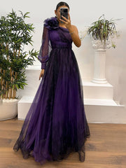 Inrosy robe longue imprimé à fleurie tulle fendu le côté une épaule manches longues femme élégant de soirée bal de promo