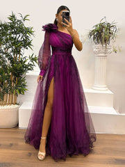 Inrosy robe longue imprimé à fleurie tulle fendu le côté une épaule manches longues femme élégant de soirée bal de promo