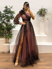 Inrosy robe longue imprimé à fleurie tulle fendu le côté une épaule manches longues femme élégant de soirée bal de promo