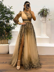 Inrosy robe longue imprimé à fleurie tulle fendu le côté une épaule manches longues femme élégant de soirée bal de promo