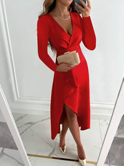 Inrosy robe longue moulante v-cou fendu le côté manches longues irrégulière femme élégant bal de promo
