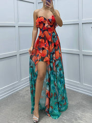 Inrosy robe longue imprimé à fleurie tulle fendu le côté bustier dos nu sans manches femme élégant de plage