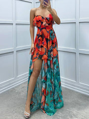 Inrosy robe longue imprimé à fleurie tulle fendu le côté bustier dos nu sans manches femme élégant de plage