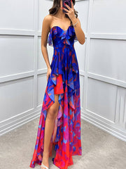 Inrosy robe longue imprimé à fleurie tulle fendu le côté bustier dos nu sans manches femme élégant de plage