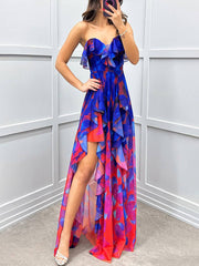 Inrosy robe longue imprimé à fleurie tulle fendu le côté bustier dos nu sans manches femme élégant de plage