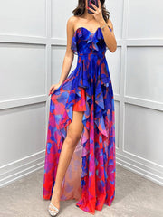 Inrosy robe longue imprimé à fleurie tulle fendu le côté bustier dos nu sans manches femme élégant de plage