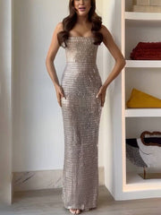 Inrosy robe longue moulante strass bustier fendu sans manches femme élégant de soirée cocktail bal de promo