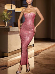 Inrosy robe longue moulante strass bustier fendu sans manches femme élégant de soirée cocktail bal de promo