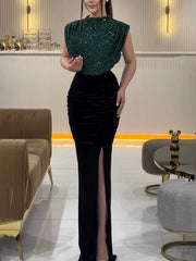 Inrosy robe longue moulante brillante paillette fendu le côté col rond sans manches femme de soirée bal de promo nouvel an