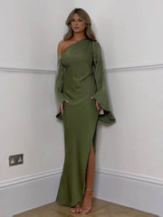 Inrosy robe longue une épaule fendu le côté manches trompette manches longues femme élégant bal de promo