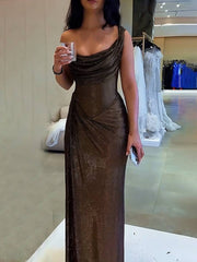 Inrosy robe longue moulante irrégulière fendu le côté sans manches femme élégant bal de promo de soirée