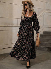 Inrosy robe longue imprimé à fleurie col carré dos nu manches longues femme bohème boho élégant décontracté de plage