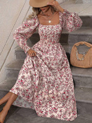 Inrosy robe longue imprimé à fleurie col carré dos nu manches longues femme bohème boho élégant décontracté de plage