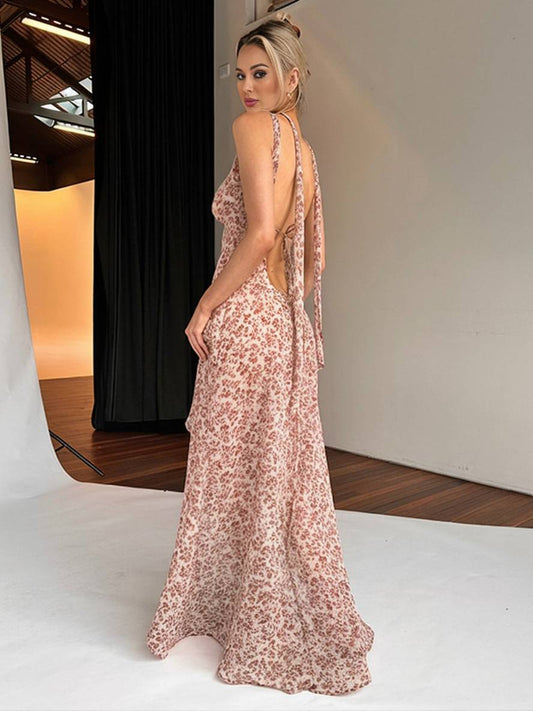 Inrosy robe longue bohème irrégulière imprimé à fleurie fendu le côté dos nu à fines brides sans manches femme décontracté de plage
