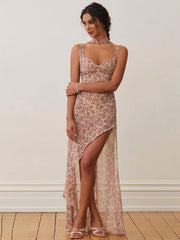 Inrosy robe longue bohème irrégulière imprimé à fleurie fendu le côté dos nu à fines brides sans manches femme décontracté de plage