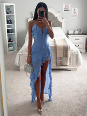 Inrosy longue robe de plage irrégulière fendu à volantée à fines brides v-cou sans manches femme élégant décontracté bal de promo