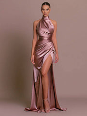 Inrosy longue robe en satin fendu le côté dos nu col montant licou sans manches femme élégant de soirée bal de promo