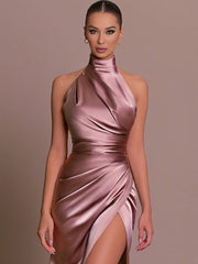 Inrosy longue robe en satin fendu le côté dos nu col montant licou sans manches femme élégant de soirée bal de promo