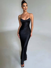 Inrosy robe longue en satin moulante v-cou sirene dos nu à fines brides sans manches femme élégant invité mariage de soirée