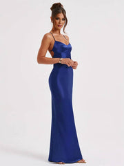 Inrosy robe longue en satin moulante v-cou sirene dos nu à fines brides sans manches femme élégant invité mariage de soirée