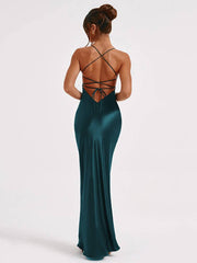 Inrosy robe longue en satin moulante v-cou sirene dos nu à fines brides sans manches femme élégant invité mariage de soirée