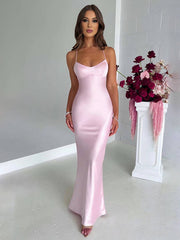 Inrosy robe longue en satin moulante v-cou sirene dos nu à fines brides sans manches femme élégant invité mariage de soirée
