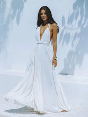 Inrosy robe longue décolleté plongeant licou dos nu ceinture sans manches femme bohème élégant décontracté de plage