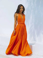 Inrosy robe longue décolleté plongeant licou dos nu ceinture sans manches femme bohème élégant décontracté de plage