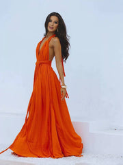 Inrosy robe longue décolleté plongeant licou dos nu ceinture sans manches femme bohème élégant décontracté de plage